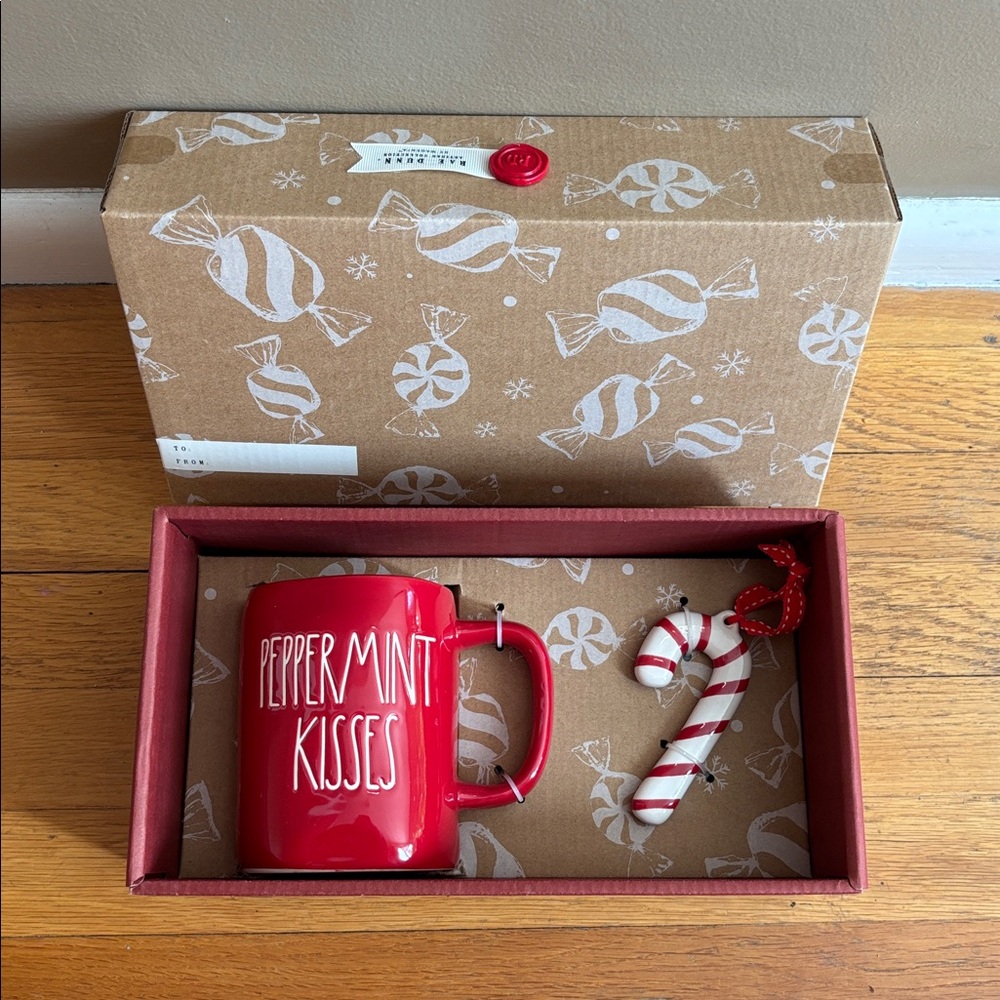 Rae Dunn Holiday Artisan Collection Red Peppermint Kisses Mug with Candy Cane